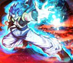  1boy aura black_footwear blue_eyes blue_hair bracer clenched_hand closed_mouth dragon_ball dragon_ball_super dragon_ball_super_broly fighting_stance gogeta highres male_focus mattari_illust metamoran_vest muscle pants pectorals smile solo spiked_hair super_saiyan super_saiyan_blue white_pants 