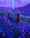  2boys avatar_(series) balding beard bioluminescence burn_scar devin_elle_kurtz facial_hair field flower grey_hair hair_bun highres iroh long_beard long_hair mountainous_horizon multiple_boys older outstretched_arm purple_sky scar standing the_legend_of_korra uncle_and_nephew zuko 