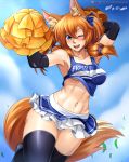  ! 1girl abs absurdres animal_ears armpits artist_name bare_shoulders blue_eyes breasts cheerleader collarbone commentary_request elbow_gloves fox_ears fox_girl fox_tail gloves hair_between_eyes highres large_breasts looking_at_viewer midriff miniskirt navel one_eye_closed open_mouth orange_hair original patreon_username pom_pom_(clothes) sideboob skirt sleeveless solo tail teeth thighhighs tongue underboob vilde_loh_hocen watermark web_address 