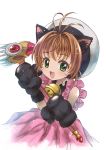  1girl :d absurdres animal_ears antenna_hair bell brown_hair cardcaptor_sakura cat_ears cat_paws dress fuuin_no_tsue green_eyes hat highres jingle_bell kinomoto_sakura looking_at_viewer misekiss open_mouth paws pink_dress short_hair smile solo wand white_background white_headwear 