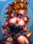  1girl absurdres alamander black_dress black_nails blonde_hair blue_background blue_eyes bowsette breasts crown dragon_girl dragon_horns dragon_tail dress evil_smile highres horns large_breasts mario_(series) mushroom new_super_mario_bros._u_deluxe pointy_ears sharp_teeth smile spiked_shell super_crown tail teeth turtle_shell yellow_tail 