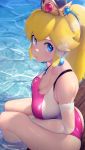  1girl blonde_hair blue_eyes breasts crown earrings elbow_gloves from_above gloves highres jewelry kashu_(hizake) lens_flare long_hair looking_at_viewer mario_(series) medium_breasts one-piece_swimsuit ponytail princess_peach sitting solo strap_gap swimsuit water 