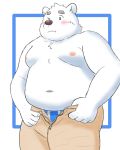  2020 4:5 anthro belly blue_eyes blush bottomwear clothing fur hi_res humanoid_hands kemono male mammal moobs navel nipples overweight overweight_anthro overweight_male pants polar_bear shirane_kan solo underwear ursid ursine utau white_body white_fur yaki_atsuage 