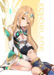  1boy 1girl absurdres arm_at_side bangs bare_legs blonde_hair breasts chest_jewel cleavage closed_mouth commentary english_commentary english_text evan_(pixiv7510743) gem gloves hair_ornament headpiece highres jewelry lap_pillow large_breasts long_hair looking_at_viewer mythra_(xenoblade) neon_trim rex_(xenoblade) sidelocks smile swimsuit tiara very_long_hair white_gloves xenoblade_chronicles_(series) xenoblade_chronicles_2 
