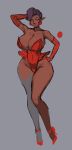  absurd_res big_breasts breasts cleavage clothed clothing dark_skin elf female footwear grey_background hand_on_hip hi_res high_heels huge_breasts humanoid humanoid_pointy_ears liveforthefunk not_furry shoes simple_background solo vanessa_(liveforthefunk) wide_hips 