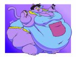  4:3 anthro barefoot batspid2 belly big_belly big_breasts black_hair blue_highlights breasts burger catty_(undertale) chubby_cheeks cleavage clothed clothing deep_navel dewlap_(anatomy) domestic_cat double_chin ear_piercing ear_ring english_text fangs felid feline felis female food front_view fur gradient_background hair highlights_(coloring) holding_burger holding_food holding_object huge_breasts huge_hips huge_thighs hyper hyper_belly hyper_hips hyper_thighs love_handles mammal morbidly_obese morbidly_obese_anthro morbidly_obese_female navel navel_outline nipple_outline obese obese_anthro obese_female open_mouth open_smile overalls overweight overweight_anthro overweight_female pawpads piercing pupils purple_body purple_fur short_hair signature simple_background slit_pupils small_feet smile solo standing text thick_thighs three-quarter_view tight_clothing torn_clothing undertale video_games wide_hips yellow_sclera 