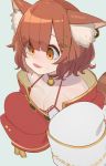  animal_ear_fluff bangs bare_shoulders bell bell_choker breasts brown_eyes brown_hair choker cleavage collarbone commentary_request dress eyebrows_visible_through_hair eyes_visible_through_hair grey_background hair_ornament hairclip hands_up highres long_sleeves medium_breasts nijisanji ratna_petit red_choker red_panda_ears red_panda_tail simple_background sirataki_umauma sleeves_past_fingers sleeves_past_wrists striped_tail tail tongue tongue_out virtual_youtuber x_hair_ornament 