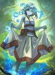  1girl aqua_hair belt belt_pouch blue_skin collarbone commentary_request dark_elf dress dress_lift elf fantasy forest highres looking_at_viewer medium_hair nature one_eye_closed original partially_submerged pointy_ears pond pouch red_eyes sleeveless sleeveless_dress smile treehouse vial water white_dress yanagisawa_(medakokoro) 