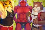  2015 anthro asian_mythology barazoku brown_body brown_fur bulge canid canine canis clothed clothing demon east_asian_mythology erection erection_under_clothing esa_o_ataenaide_kudasai!! felid fur group horn humanoid_hands japanese_mythology male mammal muscular muscular_male mythology oni oyabun_to_fushigina_kusuri pantherine red_body scar sekai_no_hanbun_wa_irimasen shirt tiger topwear un0sk underwear wolf yōkai 