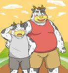  2020 anthro belly black_body blush bodily_fluids bottomwear bovid bovine bullbluedog cattle clothing duo eyes_closed hi_res kemono male mammal outside overweight overweight_male shirt shorts sweat tank_top topwear white_body 