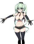  1girl absurdres breasts fang girls_frontline groin highres kinbakuman large_breasts light_green_hair long_hair micro_uzi_(girls_frontline) navel open_mouth outstretched_arms smile solo twintails very_long_hair 