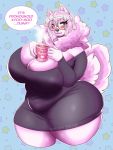  anthro beverage big_breasts blush breasts canid canine canis cleavage clothed clothing cup domestic_dog eyewear ezukapizumu female glasses hi_res huge_breasts mammal pink_body slightly_chubby solo thick_thighs 