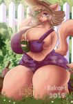  anthro big_breasts blonde_hair bodily_fluids breasts cleavage clothed clothing detailed_background domestic_cat ezukapizumu felid feline felis female fence hair huge_breasts kneeling mammal outside picket_fence solo sweat teasing thick_thighs wide_hips 