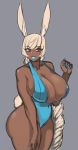  absurd_res animal_humanoid big_breasts breasts cleavage clothed clothing dark_skin female footwear grey_background hair hi_res high_heels huge_breasts humanoid lagomorph lagomorph_humanoid leporid_humanoid liveforthefunk mammal mammal_humanoid one-piece_swimsuit rabbit_humanoid red_eyes shoes simple_background solo swimwear vanessa_(liveforthefunk) white_hair 