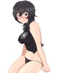  1girl bangs bikini black_bikini black_eyes black_hair black_shirt closed_mouth cowboy_shot eyebrows_visible_through_hair girls_und_panzer glasses halterneck invisible_chair light_frown looking_at_viewer medium_hair messy_hair navel oryou_(girls_und_panzer) print_shirt red-framed_eyewear semi-rimless_eyewear shirt simple_background sitting solo string_bikini swimsuit tanaka_rikimaru under-rim_eyewear white_background 