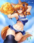  ! 1girl abs animal_ears armpits artist_name bare_shoulders blue_eyes blush breasts cheerleader collarbone commentary_request elbow_gloves fox_ears fox_girl fox_tail gloves hair_between_eyes highres large_breasts looking_at_viewer midriff miniskirt navel orange_hair original panties patreon_username pom_pom_(clothes) skirt sleeveless solo tail thighhighs underwear vilde_loh_hocen watermark web_address 