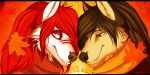  2:1 amber_eyes anthro autumn black_bars blue_eyes brown_hair canid canine canis couple_(disambiguation) domestic_dog duo female fur hair leaf letterbox long_hair male mammal red_hair simple_background tan_body tan_fur white_body white_fur wolf xredpandax_(artist) 