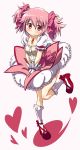  1girl absurdres blush breasts cleavage gloves hair_ribbon heart highres inoue_kouji kaname_madoka looking_at_viewer magia_record:_mahou_shoujo_madoka_magica_gaiden magical_girl mahou_shoujo_madoka_magica pink_eyes pink_hair ribbon short_hair short_twintails smile solo twintails v_arms 
