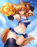  ! 1girl abs absurdres animal_ears armpits artist_name bare_shoulders blue_eyes blush bow bow_panties breasts cheerleader collarbone commentary_request elbow_gloves fox_ears fox_girl fox_tail gloves hair_between_eyes highres large_breasts looking_at_viewer midriff miniskirt navel open_mouth orange_hair original panties patreon_username pom_pom_(clothes) sideboob skirt sleeveless solo tail teeth thighhighs tongue underboob underwear vilde_loh_hocen watermark web_address 