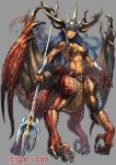  1girl abs blue_hair centauroid claws commentary_request creature dragon_girl dragon_horns dragon_tail dragon_wings fantasy horns looking_at_viewer ninnin_(shishitou) orange_skin original parted_lips pointy_ears polearm red_eyes scales smile tail toned trident vambraces weapon wings 