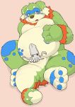  2020 anthro araiguma_11 balls barely_visible_genitalia barely_visible_penis belly blush bodily_fluids canid canine canis censored domestic_dog dragon genitals green_body hybrid kemono male mammal overweight overweight_anthro overweight_male penis sitting solo sweat 