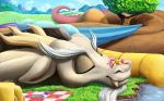  2020 chimera cookie cup cutie_mark detailed_background discord_(mlp) draconequus duo equid equine eyes_closed feral fluttershy_(mlp) food friendship_is_magic fur grass hasbro hi_res lying male mammal mountain my_little_pony outside pegasus plate tea_cup teapot tree tsitra360 water wings 