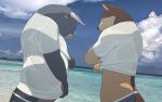  16:10 2020 anthro barazoku beach bovid bovine canid canine canis cattle clothing domestic_dog duo fangbounce hi_res kemono male mammal outside real seaside shirt topwear undressing wet widescreen 