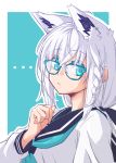  ... 1girl ahoge animal_ear_fluff animal_ears aqua_eyes braid earrings eyebrows_visible_through_hair fox_ears glasses hair_between_eyes hololive jewelry long_hair ponytail school_uniform senhaku serafuku shirakami_fubuki side_braid simple_background solo two-tone_background upper_body virtual_youtuber 