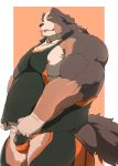  2020 anthro barazoku bernese_mountain_dog black_body black_fur black_nose brown_body brown_fur bulge canid canine canis clothing cromren domestic_dog eyes_closed fur hi_res kemono male mammal molosser mountain_dog muscular muscular_anthro muscular_male nipples shirt solo swiss_mountain_dog tongue tongue_out topwear underwear 