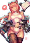  &lt;3 2020 5_fingers animal_humanoid arknights barcode blush breasts clothing csuryolaksono dagger dialogue female fingers gravel_(arknights) hair hi_res holding_dagger humanoid inner_ear_fluff jacket legwear leotard long_hair looking_at_viewer mammal mammal_humanoid melee_weapon microphone nipple_outline red_eyes red_hair rodent rodent_humanoid simple_background smile solo stockings topwear tuft weapon white_background wide_hips 