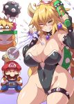  1boy 2girls =_= anger_vein anniversary black_gloves black_legwear black_leotard blonde_hair blue_eyes blue_nails blush breasts cleavage collar crown dress earrings elbow_gloves envy gloves jewelry konno_tohiro large_breasts leotard long_hair mario mario_(series) multiple_girls new_super_mario_bros._u_deluxe overalls pink_dress princess_peach red_shirt sharp_teeth shirt smile spiked_ball spiked_collar spiked_shell spikes splashing summer super_crown teeth thighhighs turtle_shell water_gun 