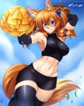  ! 1girl abs absurdres animal_ears armpits artist_name bare_shoulders bike_shorts blue_eyes blush breasts cheerleader commentary_request covered_collarbone covered_nipples elbow_gloves fox_ears fox_girl fox_tail gloves hair_between_eyes highres large_breasts looking_at_viewer midriff miniskirt navel orange_hair original patreon_username pom_pom_(clothes) skirt sleeveless smile solo tail teeth thighhighs vilde_loh_hocen watermark web_address 