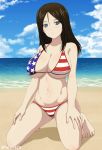  1girl american_flag_bikini beach bikini blue_eyes breasts brown_hair cleavage feet flag_print girls_und_panzer inoshira kneeling large_breasts looking_at_viewer midriff navel nonna_(girls_und_panzer) ocean sky swimsuit 