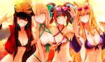  4girls \m/ ahoge animal_ears bikini bracelet breasts eyewear_on_head fate/grand_order fate_(series) fox_ears grin hat headphones heart heart-shaped_eyewear jewelry long_hair multiple_girls oda_nobunaga_(fate)_(all) oda_nobunaga_(swimsuit_berserker)_(fate) okita_souji_(fate)_(all) okita_souji_(swimsuit_assassin)_(fate) one_eye_closed sei_shounagon_(fate) smile sunglasses sunset suzuka_gozen_(fate) swimsuit twintails user_ttwc2257 