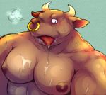  2013 anthro barazoku biped blush bodily_fluids bovid bovine cattle cum cum_on_chest genital_fluids kemono male mammal moobs nipples portrait solo tongue tongue_out un0sk 