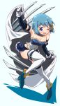  1girl blue_eyes blue_hair boots breasts cape capelet cleavage gloves hair_ornament hairclip highres inoue_kouji magia_record:_mahou_shoujo_madoka_magica_gaiden magical_girl mahou_shoujo_madoka_magica miki_sayaka short_hair skirt smile sword weapon white_gloves 
