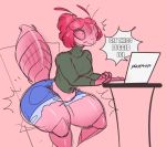  2020 antennae_(anatomy) anthro arthropod arthropod_abdomen blush bottomwear breasts clothing computer dialogue english_text female get_stickbugged_lol insect laptop meme non-mammal_breasts open_mouth phasmid pink_body pink_eyes pink_sclera shorts solo surprise text thick_thighs transformation turtleneck unseen_character zmitzy 