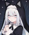  1girl animal_ears blush cropped cross eyes_visible_through_hair face hair_between_eyes hands_together long_hair muryotaro neck_scar nun original parted_lips praying scar sleeves_past_wrists solo stitches upper_body white_eyes white_hair 