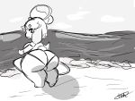  4:3 animal_crossing anthro beach big_butt butt canid canine canis domestic_dog female hi_res huge_butt isabelle_(animal_crossing) looking_at_viewer mammal nintendo rear_view seaside shih_tzu short_stack solo surfboard toh toy_dog vehicle video_games watercraft 