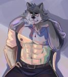  abs anthro blood bodily_fluids canid canine canis clothed clothing fur grey_body grey_fur hi_res male mammal multicolored_body multicolored_fur muscular muscular_anthro muscular_male naikuma nipples nosebleed partially_clothed shirt simple_background solo topwear two_tone_body two_tone_fur white_body white_fur wolf 