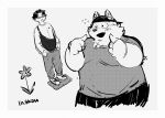  2020 anthro blush bottomwear canid canine canis clothing domestic_dog duo flower hi_res human humanoid_hands kemono male mammal monochrome overweight overweight_male pants plant shirt topwear uokkom 