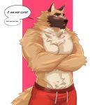  anthro blush bottomwear brown_body brown_fur canid canine canis clothed clothing crossed_arms domestic_dog fur german_shepherd herding_dog hi_res male mammal multicolored_body multicolored_fur muscular muscular_anthro muscular_male naikuma pants pastoral_dog red_bottomwear red_clothing red_pants simple_background solo text topless two_tone_body two_tone_fur 