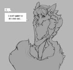  2020 anthro blush canid canine canis dialogue english_text female fluffy fluffy_tail fur grey_background hair looking_up mammal monochrome neck_tuft nude shy simple_background solo speech_bubble text tuft watsup were werecanid werecanine werewolf wolf 