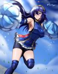  1girl absurdres armpits artist_name bare_shoulders bike_shorts blue_eyes blue_hair breasts cheerleader commentary_request fire_emblem hair_between_eyes highres long_hair looking_at_viewer lucina_(fire_emblem) medium_breasts patreon_username pom_pom_(clothes) skirt smile solo thighhighs vilde_loh_hocen watermark web_address 