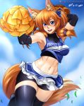  ! 1girl abs absurdres animal_ears armpits artist_name bare_shoulders bike_shorts blue_eyes breasts cheerleader commentary_request elbow_gloves fox_ears fox_girl fox_tail gloves hair_between_eyes highres large_breasts looking_at_viewer midriff miniskirt navel open_mouth orange_hair original patreon_username pom_pom_(clothes) skirt sleeveless solo tail teeth thighhighs tongue vilde_loh_hocen watermark web_address 