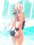  1girl absurdres adjusting_clothes adjusting_swimsuit ass back bangs black_ribbon blush breasts competition_swimsuit cowboy_shot dark_skin day eyebrows_visible_through_hair from_behind girls_frontline hair_between_eyes hair_ornament hair_ribbon highleg highleg_swimsuit highres huge_filesize indoors large_breasts long_hair looking_at_viewer looking_back low_ponytail m590_(girls_frontline) one-piece_swimsuit open_mouth parted_lips ponytail pool pottsness ribbon sidelocks skindentation solo swimsuit swimsuit_tug tsurime water wet white_hair yellow_eyes 