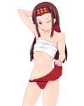  1girl arm_behind_head arm_up brown_eyes brown_hair closed_mouth cowboy_shot fundoshi fundoshi_lift girls_und_panzer headband japanese_clothes light_frown long_hair looking_at_viewer navel one_eye_closed red_fundoshi red_headband saemonza_(girls_und_panzer) sarashi simple_background solo standing tanaka_rikimaru white_background 
