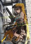  1girl arm_up armpits black_gloves black_hair black_legwear blurry blurry_background breasts building floating_hair gas_mask girls_frontline gloves gun hand_up headset heterochromia highres holding holding_gun holding_weapon id_card lanyard large_breasts long_hair long_sleeves looking_at_viewer miniskirt multicolored_hair open_clothes parted_lips pleated_skirt ro635_(girls_frontline) silence_girl skirt sleeveless solo standing streaked_hair thighhighs thighs torn_clothes torn_legwear torn_skirt very_long_hair weapon yellow_eyes 