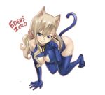  1girl all_fours animal_ears arm_support bangs bell bell_collar bent_over blonde_hair blue_eyes blue_gloves blue_legwear blue_leotard blush breasts cat_ears cleavage collar collarbone copyright_name eden&#039;s_zero elbow_gloves eyebrows_visible_through_hair gloves hair_between_eyes hair_ornament hair_scrunchie large_breasts leotard lips long_hair looking_at_viewer mashima_hiro paw_pose scrunchie seductive_smile simple_background smile solo thighhighs white_background 