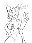  &gt;w&lt; 3:4 anthro big_breasts breasts cape clothing coconut_island_(copyright) domestic_cat felid feline felis female hi_res mammal monochrome naughty_kitties_(franchise) navel peace_sign_(disambiguation) simple_background smile solo superhero unknown_artist video_games 